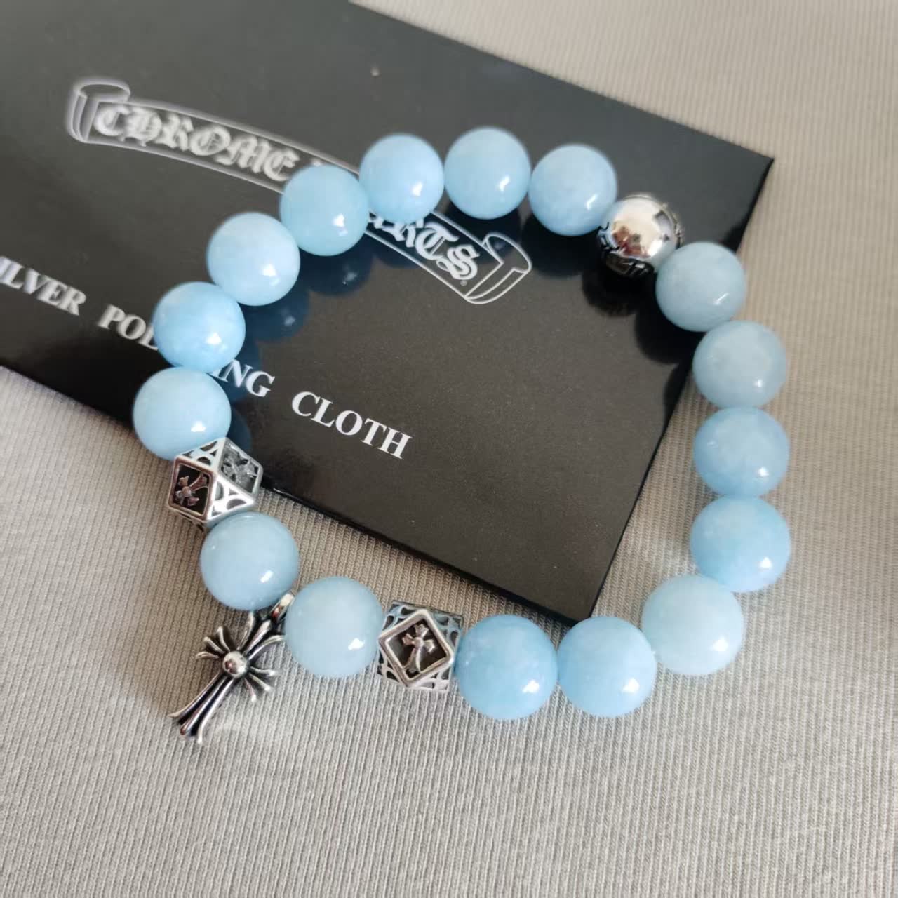 Chrome Hearts Chromecards Blue Beaded Bracelet with Cross Charm